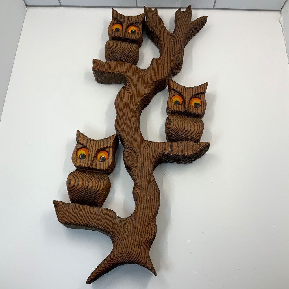 Vintage 70s MCM Wooden Owl Trio Wall Hanging Tree Branch Carved Decor Brown